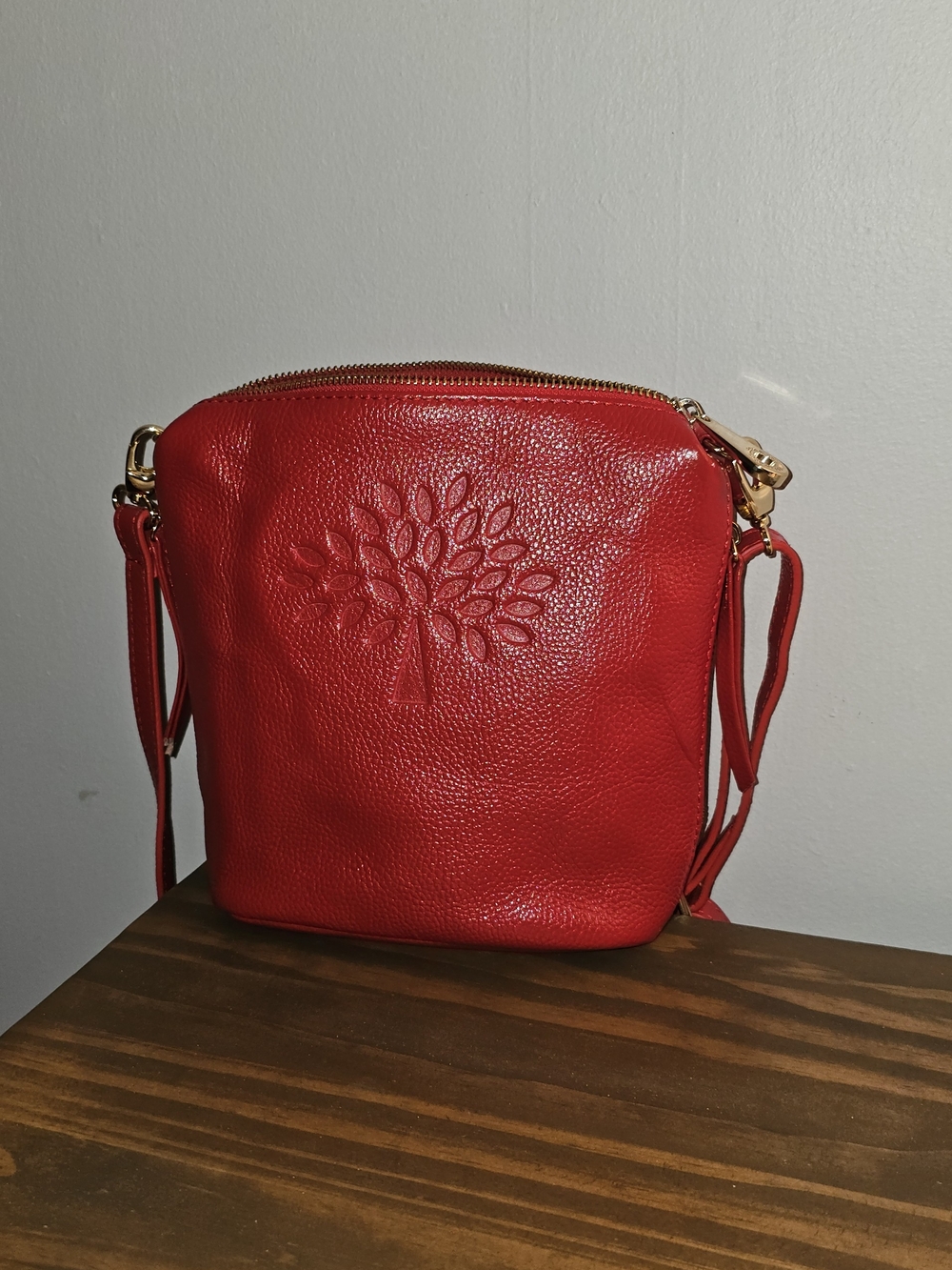 Mulberry Red Pebbled Leather Crossbody with Tree Motif